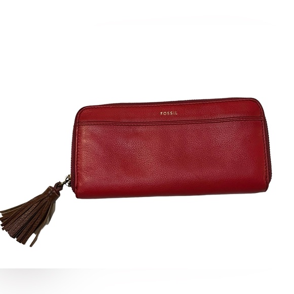 Fossil Handbags - Fossil Tara Brick Red Leather Zip Around Clutch Wallet Tassel Organizer